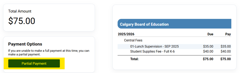 Fee Partial Payment Example